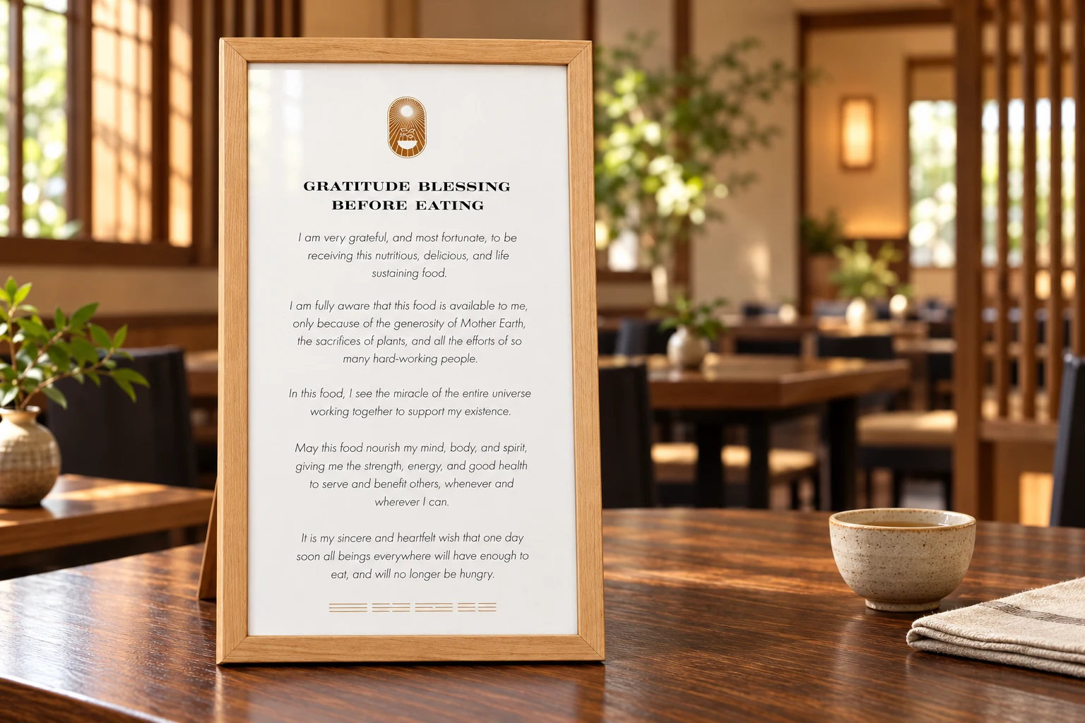 A table card with a gratitude blessing to read before eating