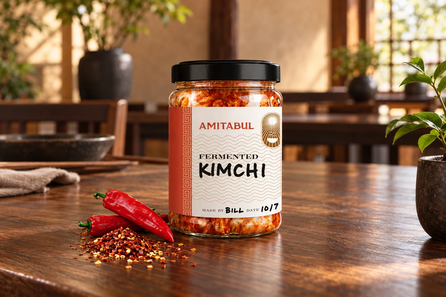 Packaging for their house-made kimchi and fermented sauces