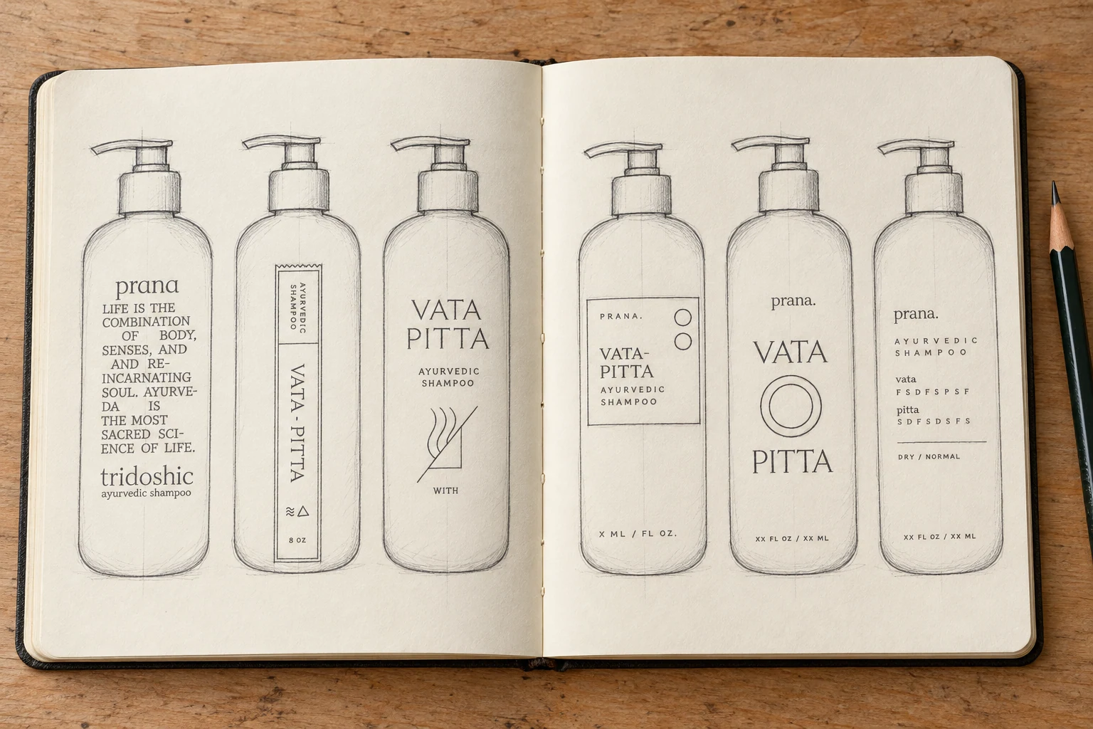 Sketchbook label explorations for the shampoo bottle