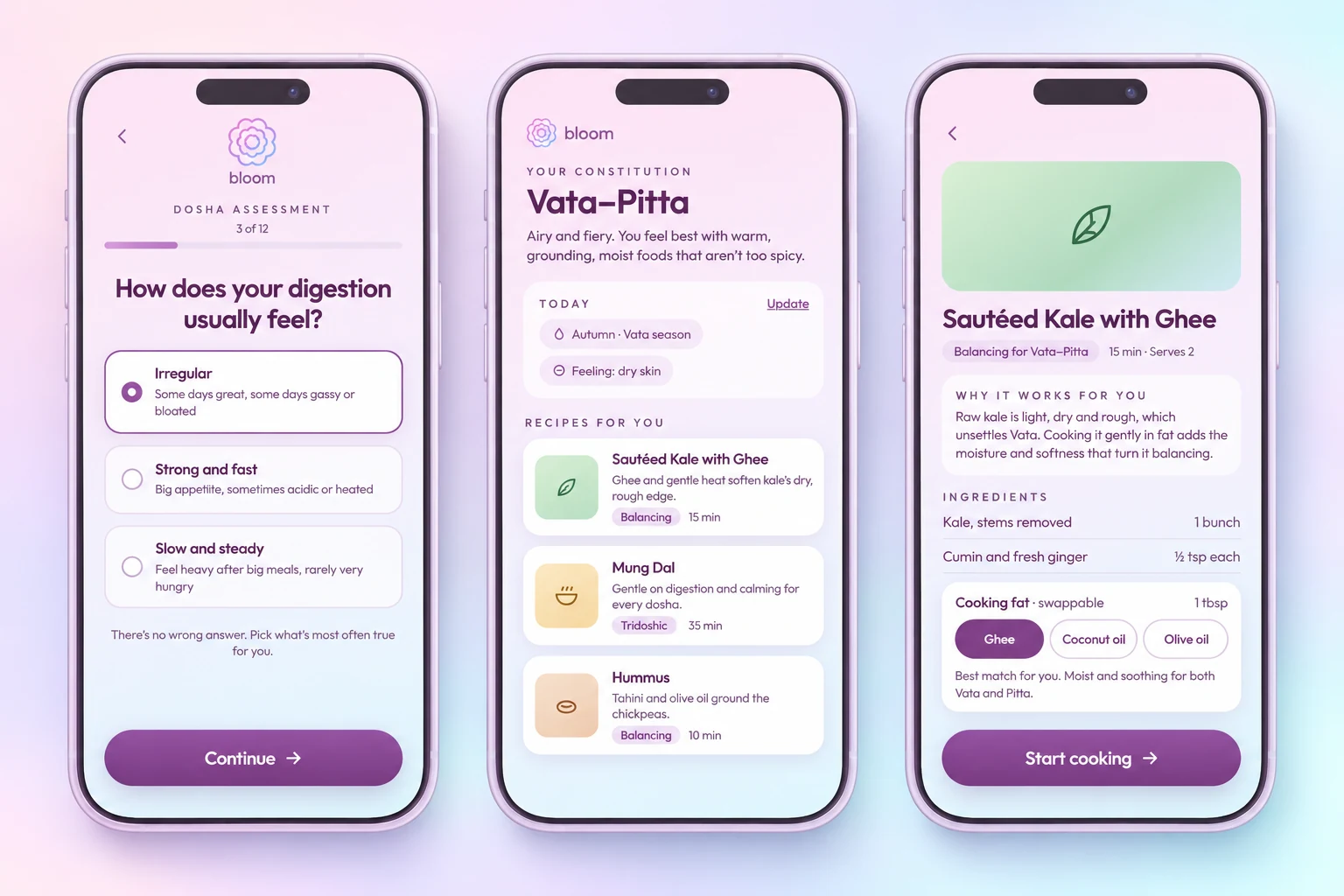 App screens: dosha assessment, recipes matched to your constitution, and swappable ingredients